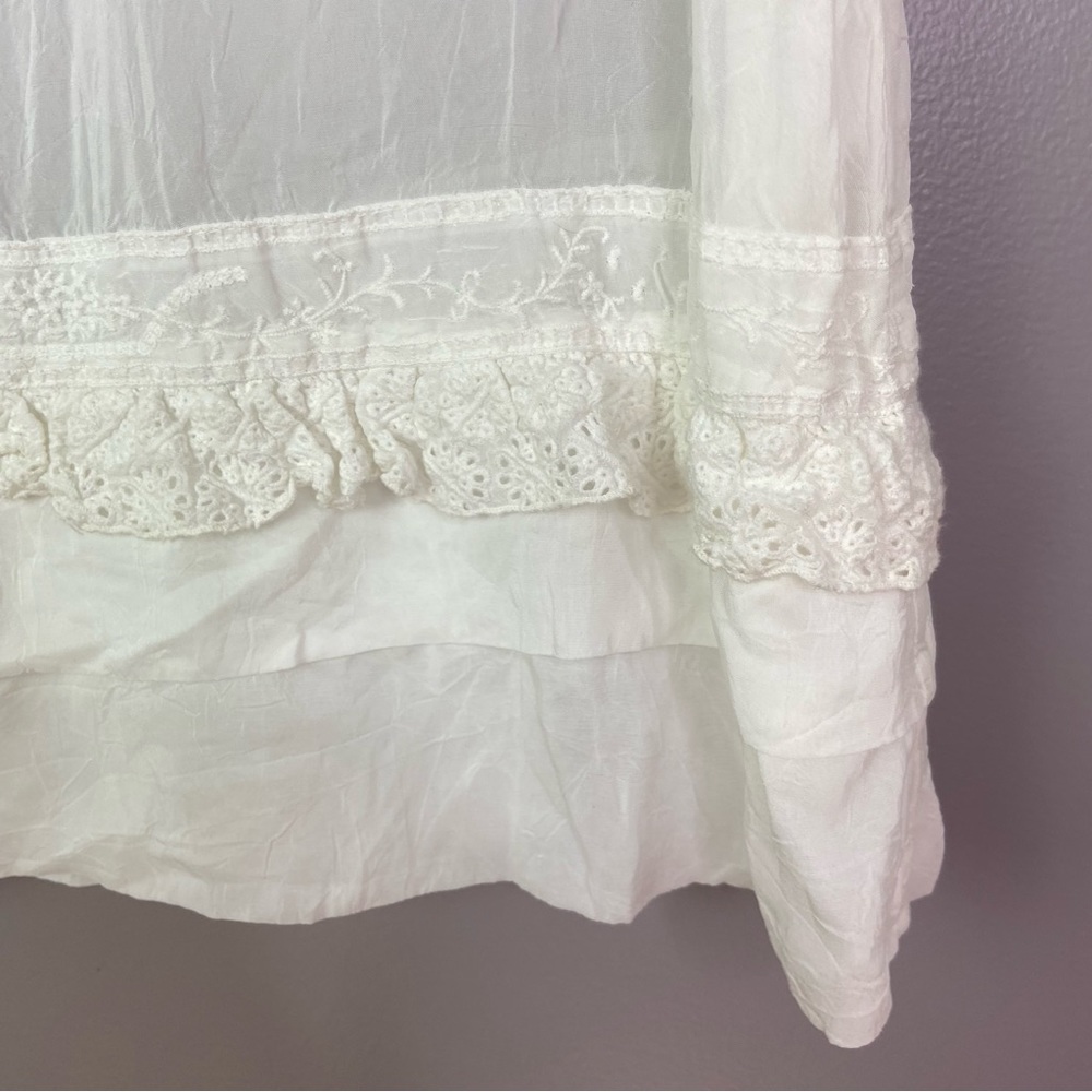Johnny Was White Blouse Semi-Sheer Crochet Lace Short Sleeves Buttons Size Large - Picture 4 of 14